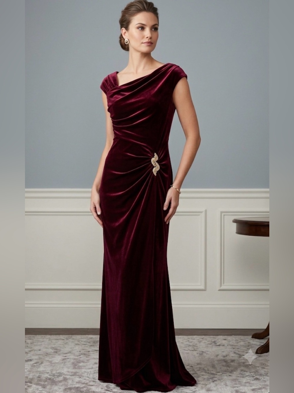 Tadashi Shoji Velvet Asymmetrical Gown Velvet Dress Burgundy X-Large (runs small